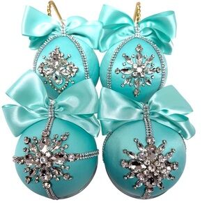 Handmade Elegant Turquoise Ornament with Rhinestone Designs Set of 4 EUC